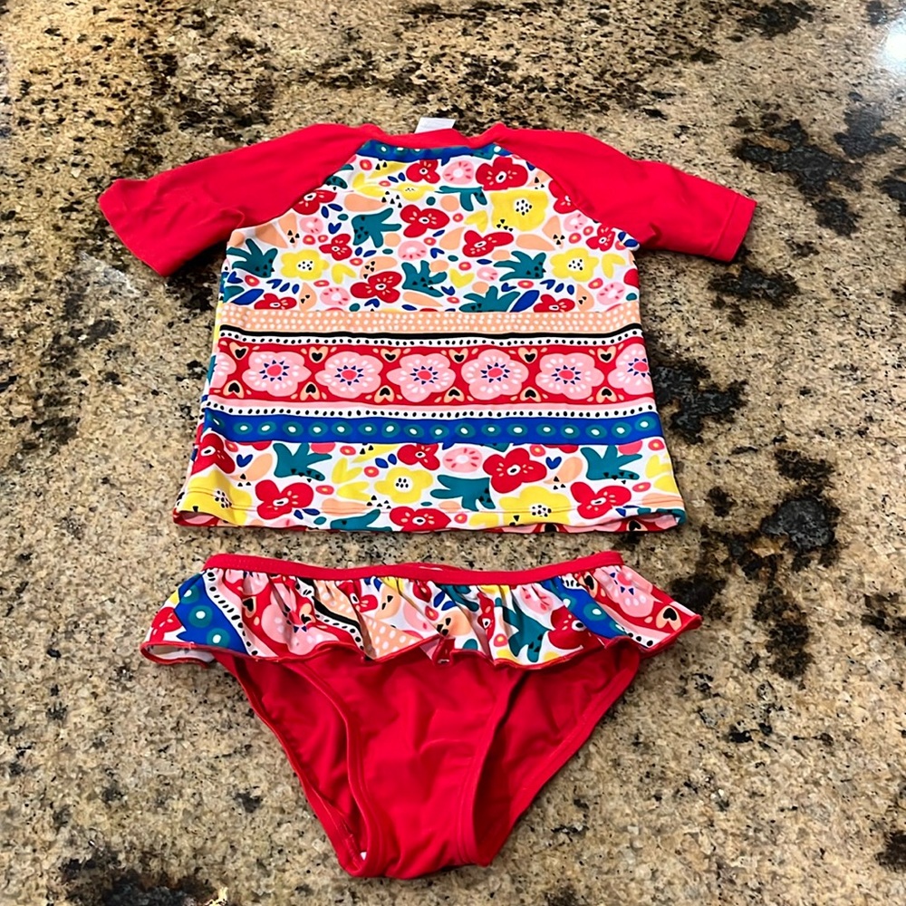 Floatimini two piece swimsuit toddler girl size 5 red with rash guard